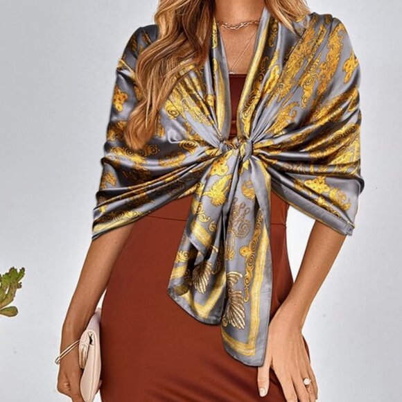 Beautiful & Soft Silk Feeling Gold Floral Scarf Wrap - Picture 2 of 8